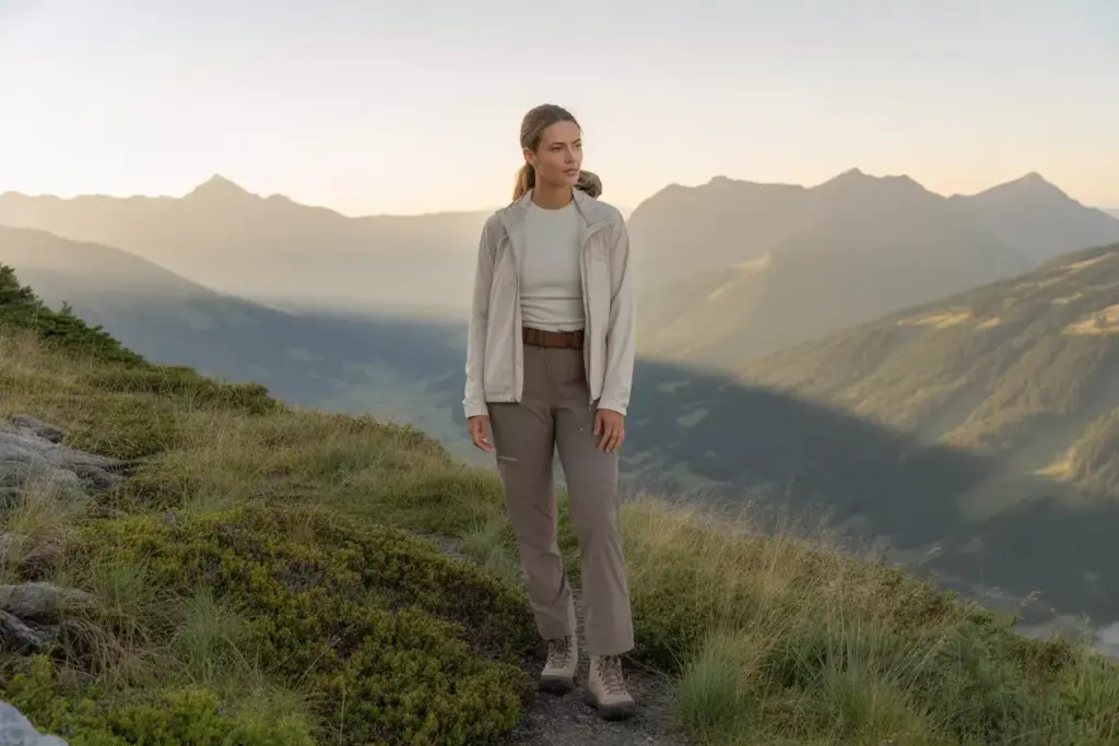 Woman in hiking clothes stands on a grassy mountain slope with distant peaks in the background at sunrise.