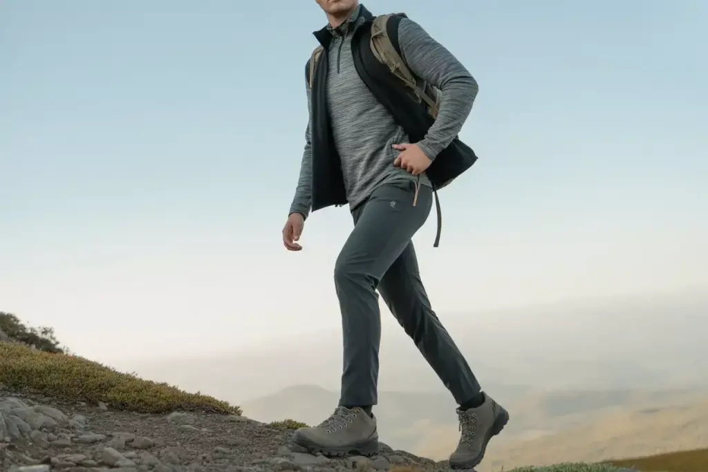 Man hiking uphill in outdoor gear and boots, with a backpack, on a rocky trail against a hazy sky.
