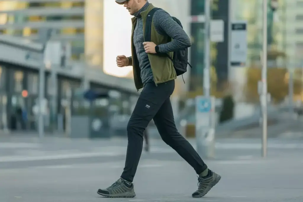 Man wearing a cap, vest, and backpack walks briskly on a city street in athletic clothing.