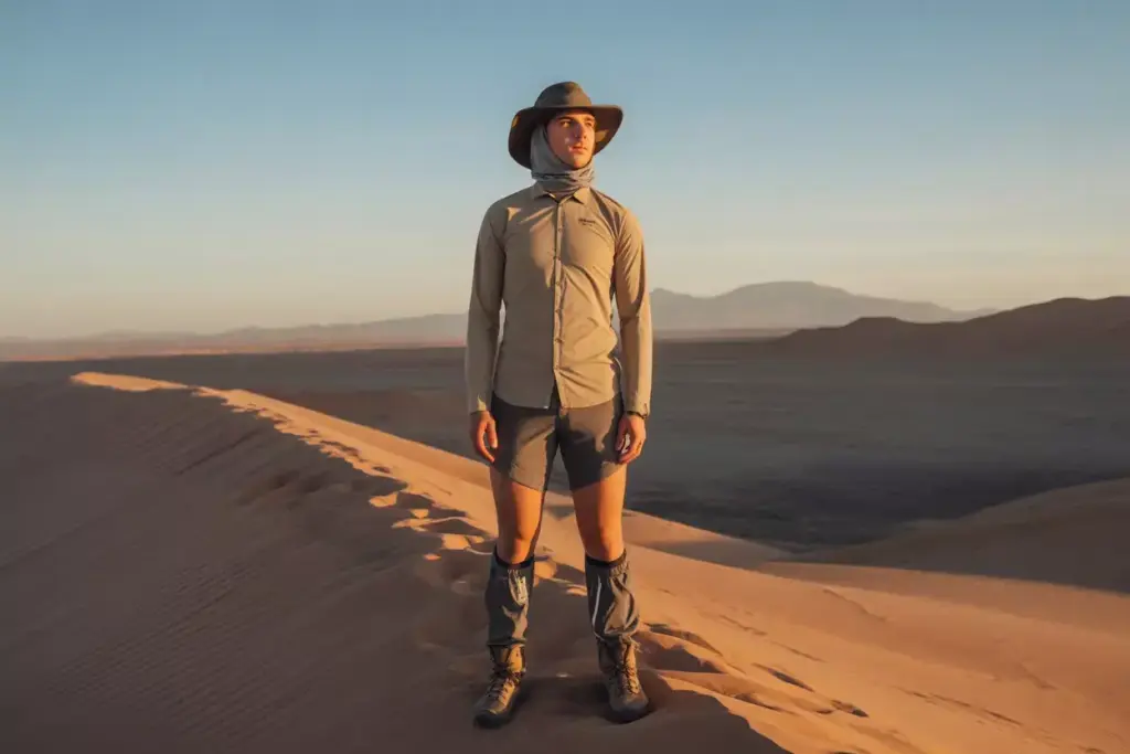 A person in desert hiking gear stands on a sand dune with mountains in the background at sunset.