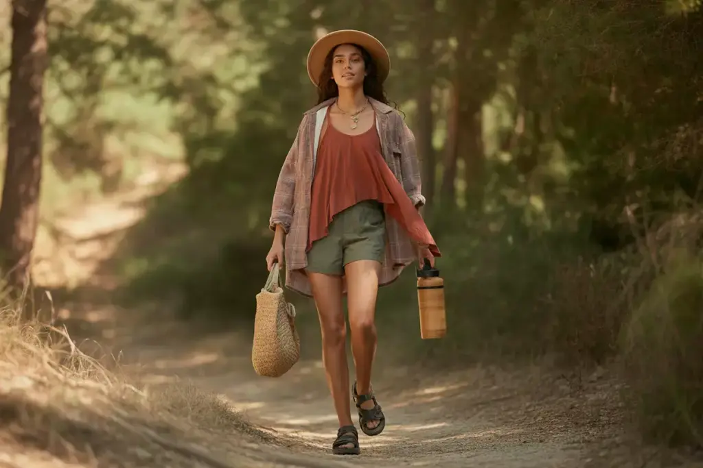 A woman in summer clothes walks on a forest path holding a straw bag and water bottle.