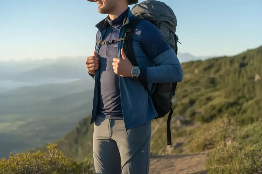 A man hiking on a mountain trail, wearing a blue jacket and backpack under clear skies.