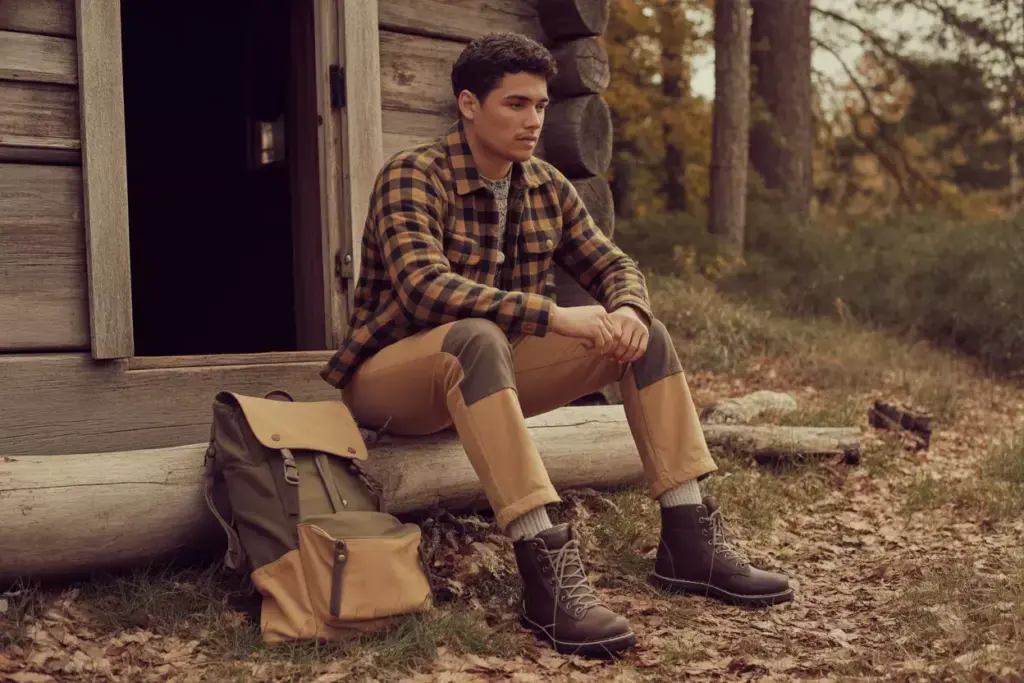 A man in hiking gear sits on a cabin step with a backpack beside him in a forest setting.