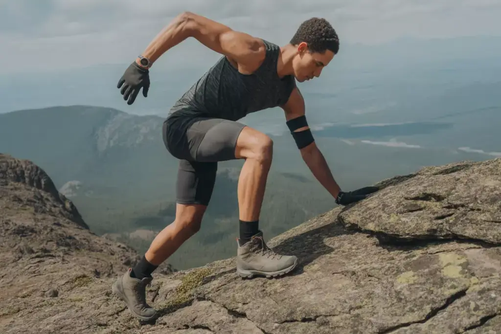 Man in athletic gear climbs a steep rocky slope with mountains and forest visible in the background.