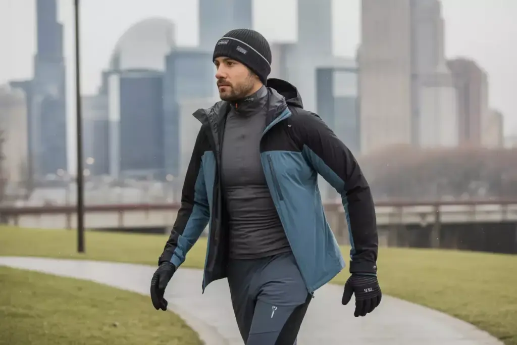 Man in winter running gear walks on a path in a city park with tall buildings in the background.