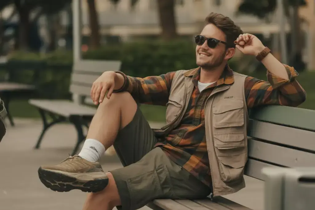 Smiling man in sunglasses and casual outdoor clothes sits relaxed on a bench in a park.