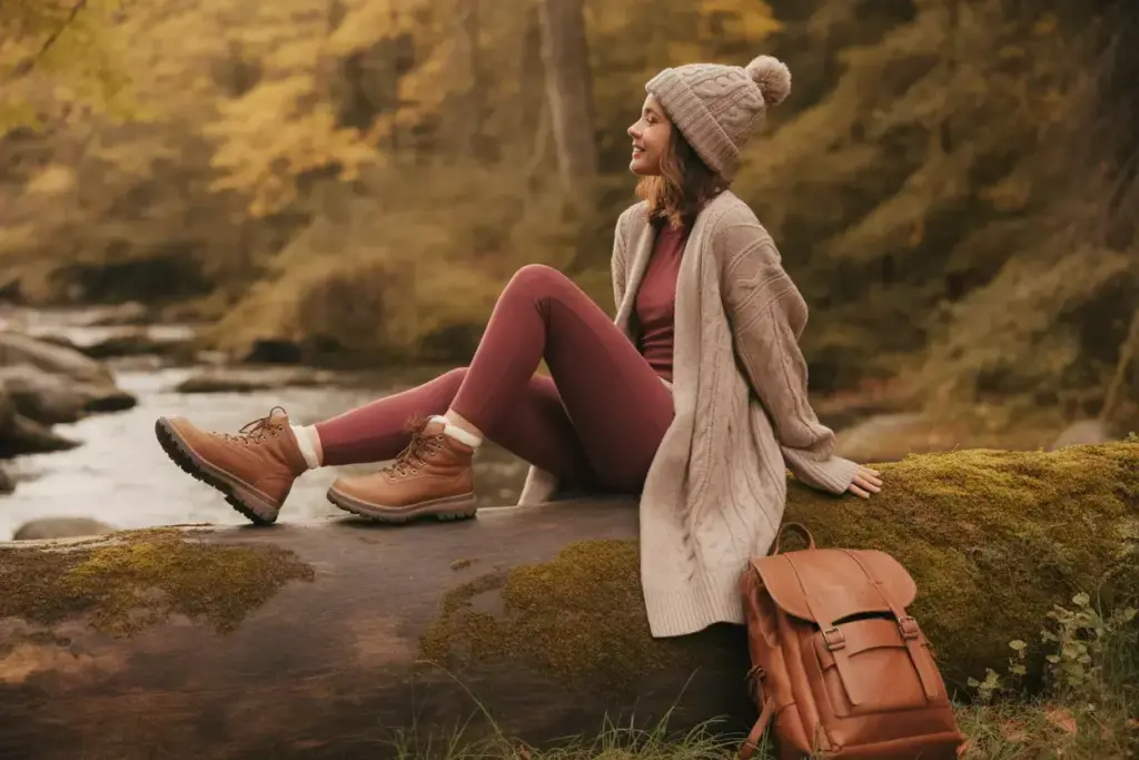 Woman in autumn clothes sits on a mossy log by a stream, smiling, with a backpack beside her.
