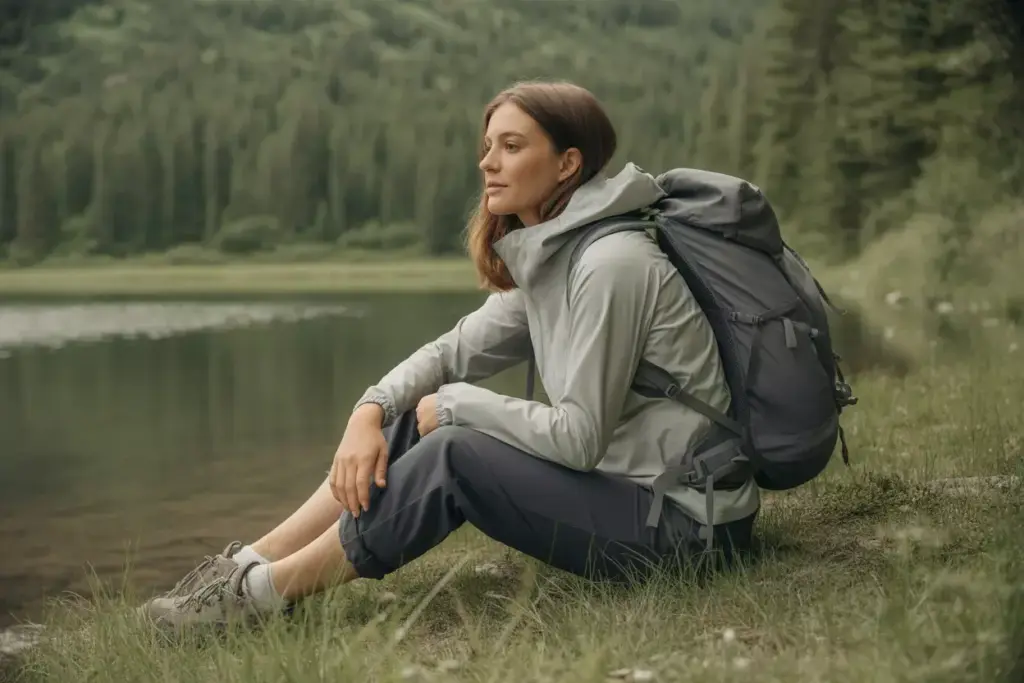 Woman in hiking gear sits by a lakeshore, surrounded by grass and forested hills in the background.