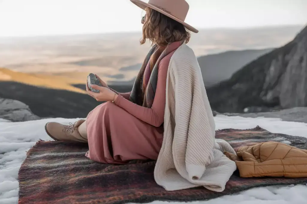 Woman in a hat and scarf sits on a blanket in the snow, holding a crystal, overlooking a scenic view.