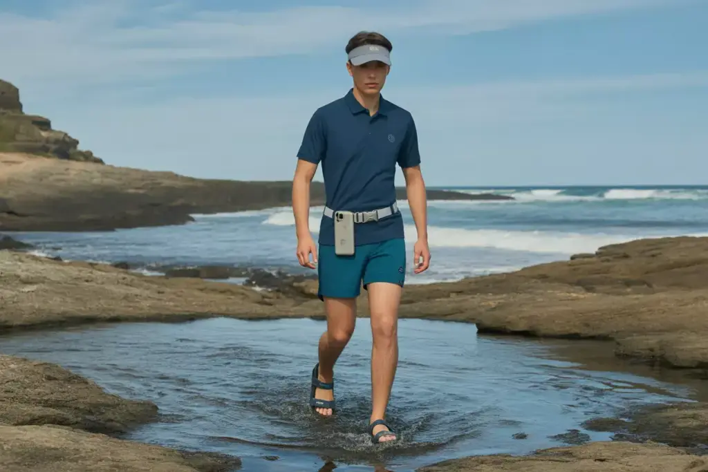 A person in blue clothes and sandals walks through shallow water on a rocky beach under a blue sky.