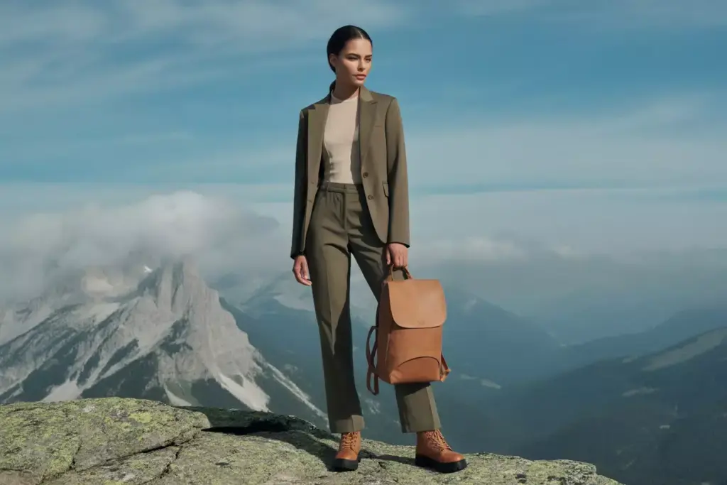 A woman in a suit and hiking boots stands on a mountain ledge, holding a backpack, with peaks behind her.