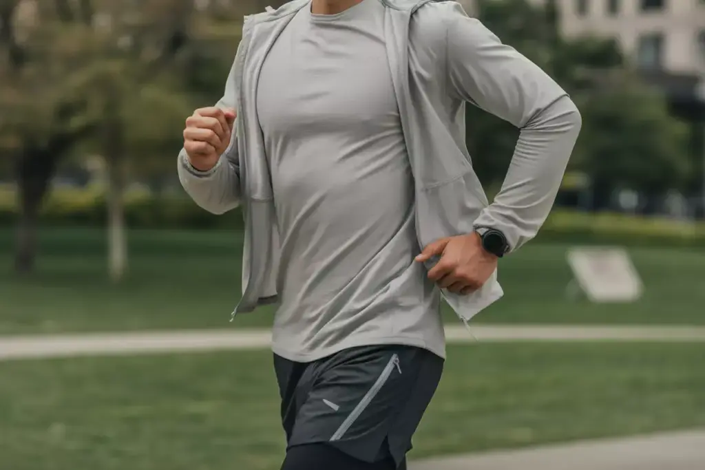 A person jogging outdoors in athletic wear, with trees and grass in the background.