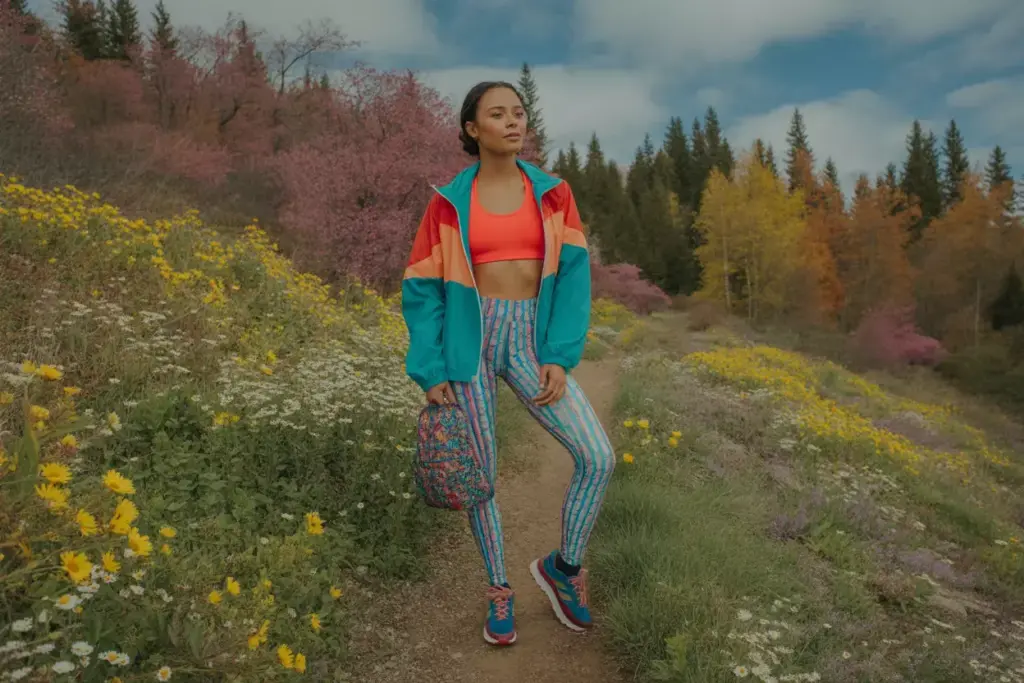 Woman in colorful activewear stands on a flower-lined trail in a scenic, forested area with blooming trees.