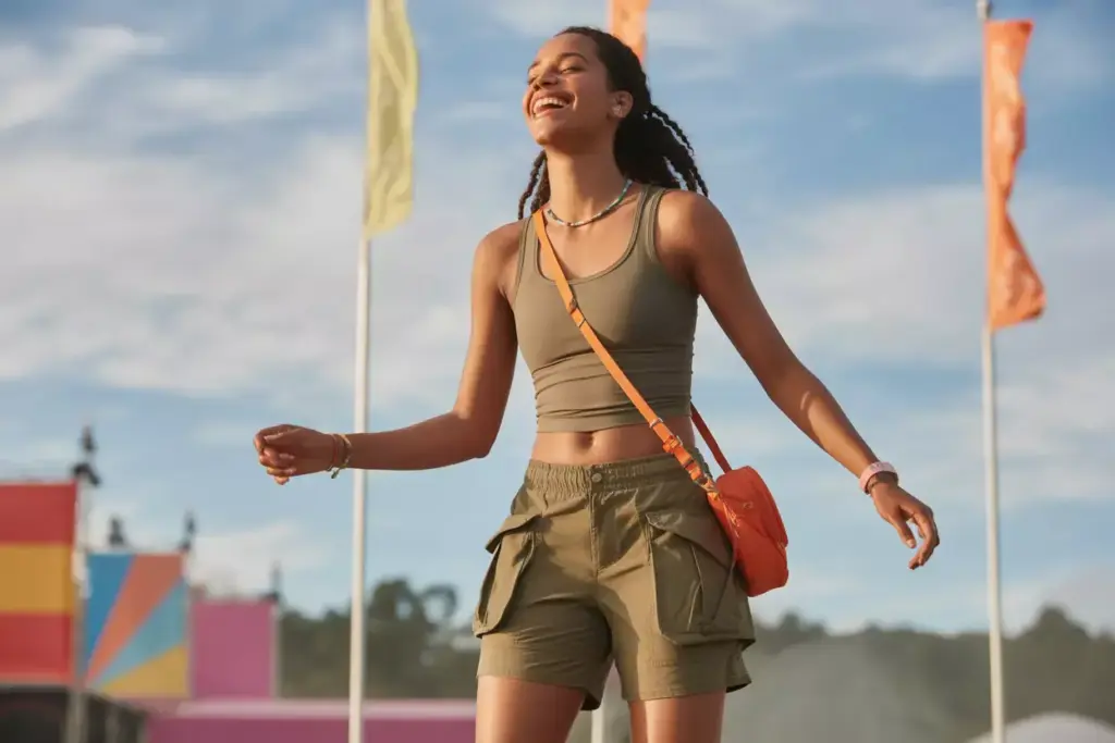 A smiling woman in green shorts and crop top enjoys outdoors at a festival, with flags and blue sky behind her.