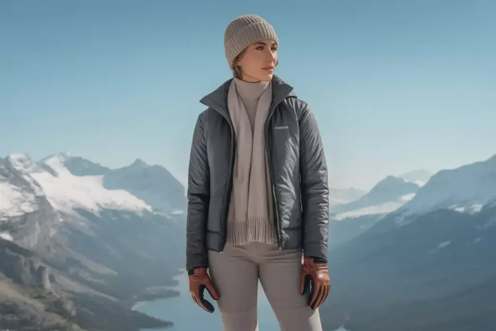 Woman in winter clothing stands on a mountain with snowy peaks and a river in the background.
