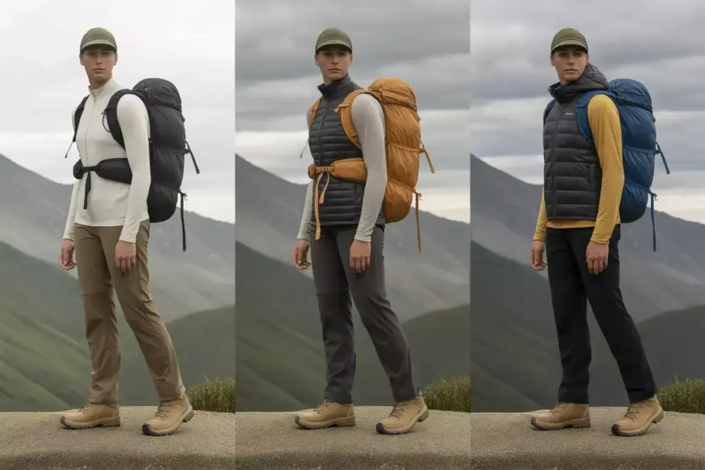 A man models three hiking outfits with backpacks, standing outdoors against a mountain backdrop.