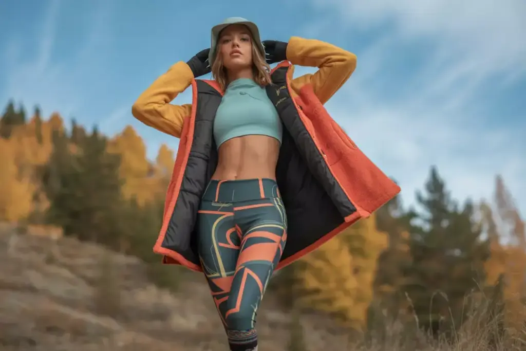 Woman in colorful activewear and jacket poses outdoors in autumn landscape with trees and blue sky.