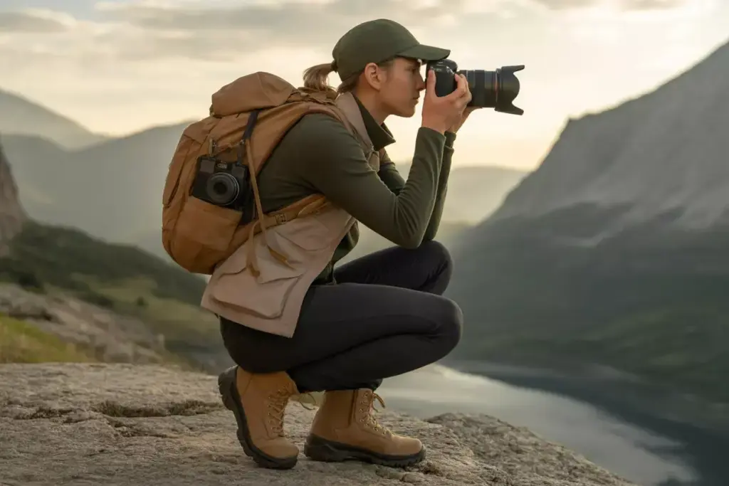 A person with a backpack kneels on a rocky ledge, taking photos of a mountain landscape.