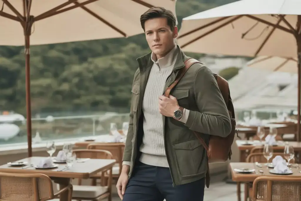 A man in a green jacket and backpack stands near outdoor restaurant tables set under umbrellas.