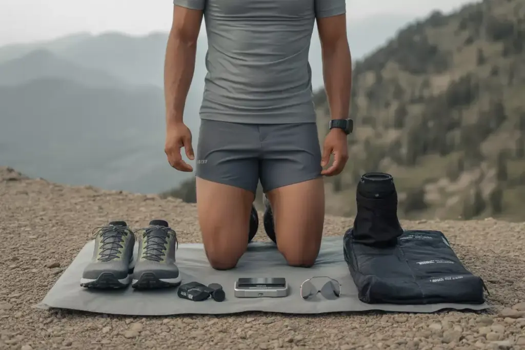 Person in athletic wear kneeling outdoors with hiking gear: shoes, camera, scale, sunglasses, and sleeping bag.