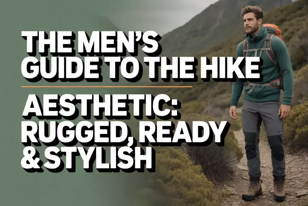 A man hiking on a mountain trail with text: The Men’s Guide to the Hike Aesthetic: Rugged, Ready & Stylish.