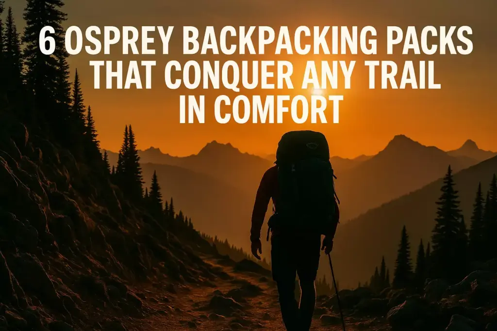 A hiker with a backpack walks on a mountain trail at sunset; text promotes Osprey backpacking packs.