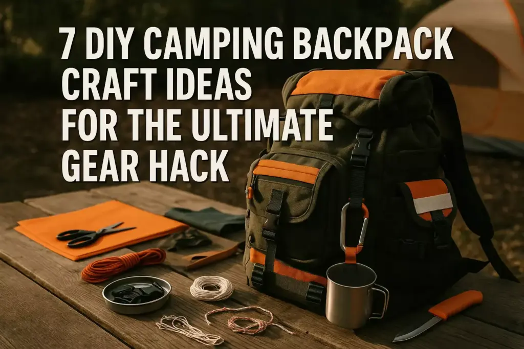 A camping backpack and craft supplies on a wooden table, with text about DIY camping backpack ideas.