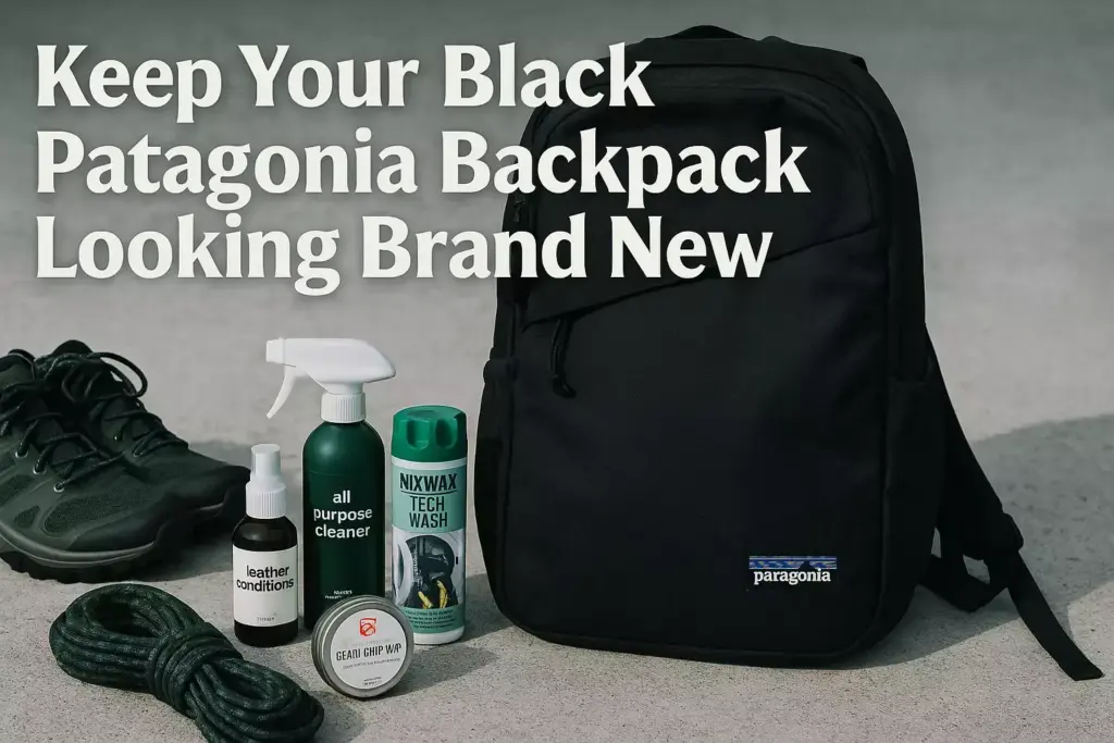 A black Patagonia backpack with cleaning products and gear on a gray surface, with bold text above.