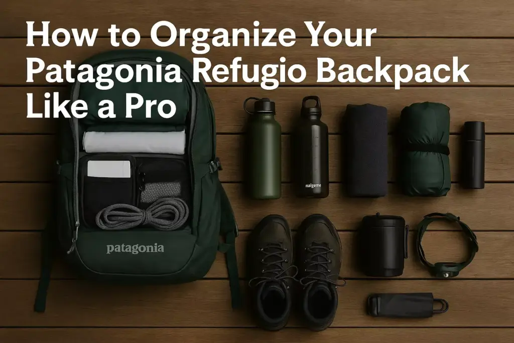 A Patagonia backpack, water bottles, shoes, and camping gear neatly arranged on a wooden surface.