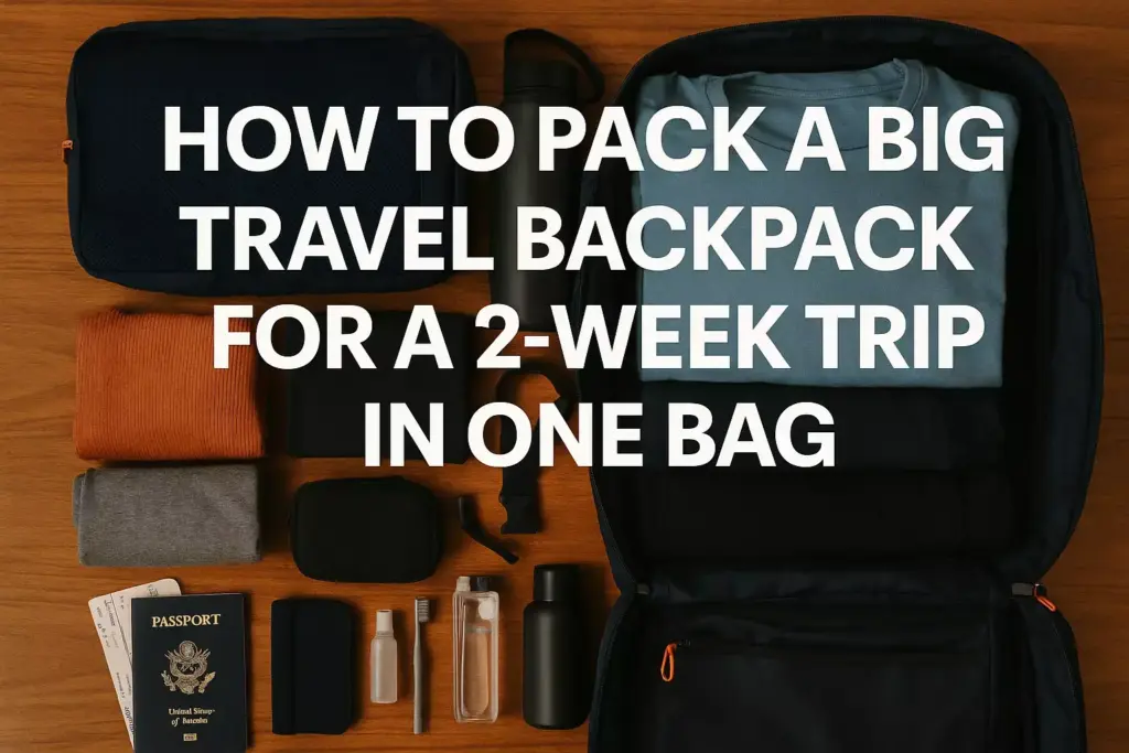 A packed travel backpack with clothing, toiletries, tech items, and a passport arranged beside it.