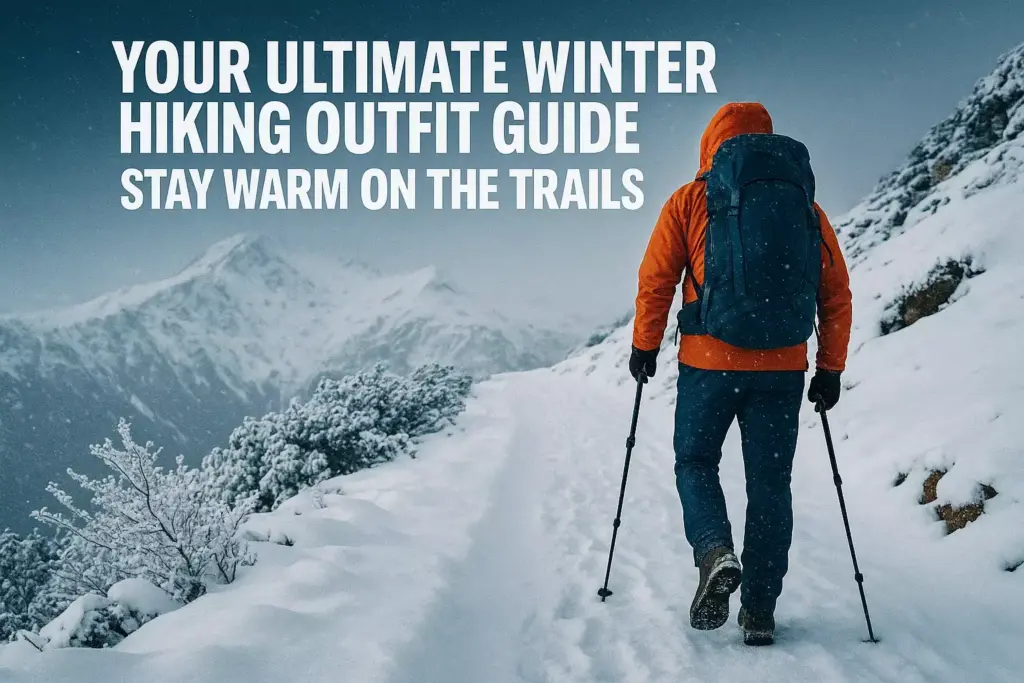 Person in orange jacket hiking on snowy mountain trail, with text about a winter hiking outfit guide.
