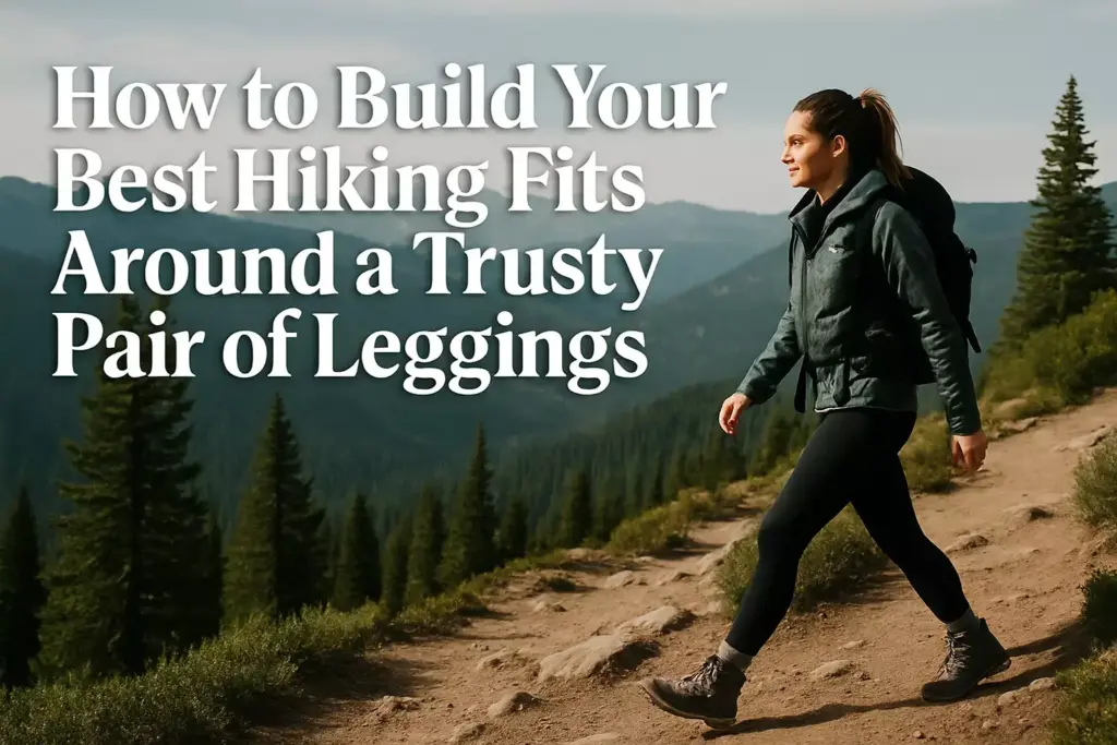 Woman hiking on a mountain trail in leggings and boots, with trees and mountains in the background.