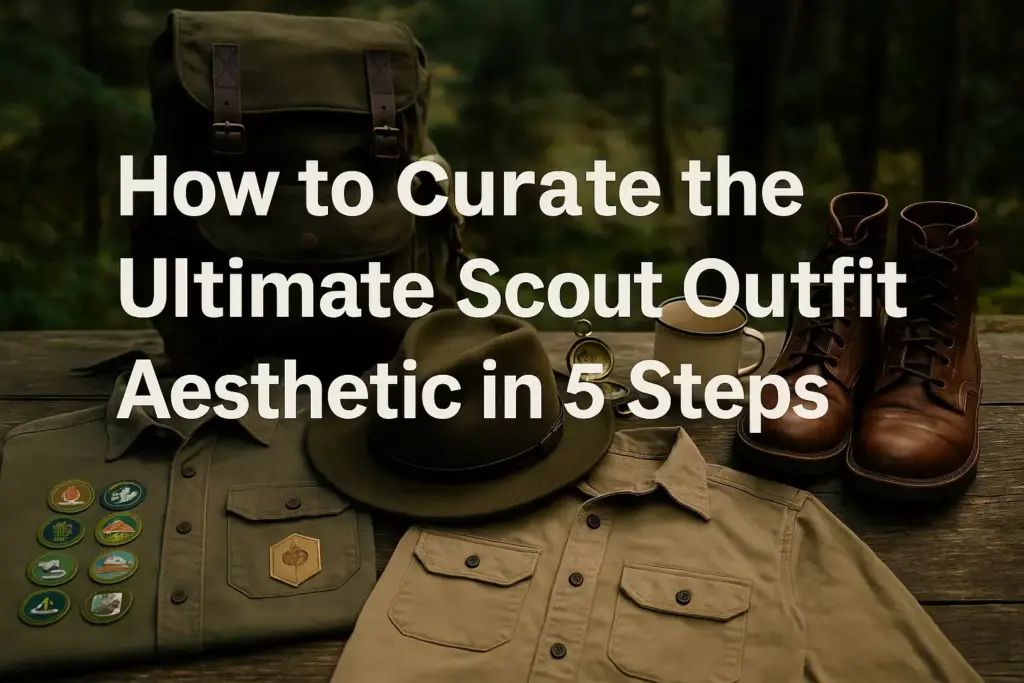 Scout-themed outfit with shirt, hat, boots, backpack, coffee mug, and badges on a wooden table in the forest.