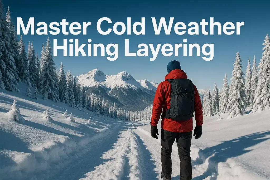 Person in red jacket hiking on snowy path in winter forest, with mountains in the background and text overhead.
