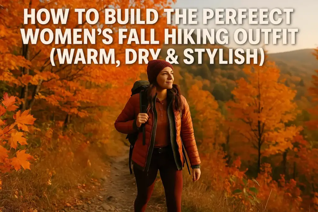 Woman in fall hiking outfit walks a leaf-covered trail surrounded by vibrant autumn trees, with sunset in background.