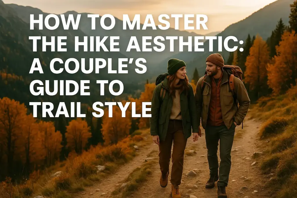 A couple in fall hiking clothes walks on a mountain trail with autumn trees and sunset in the background.