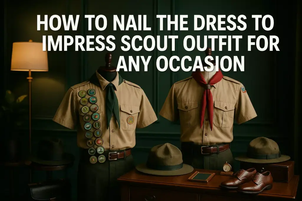 Two scout uniforms on mannequins with hats, scarves, and badges, displayed on a wooden desk.