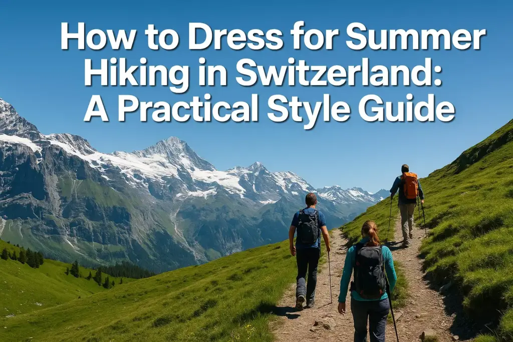 Three hikers walk on a mountain trail in Switzerland with snowy peaks and green hills under a clear blue sky.