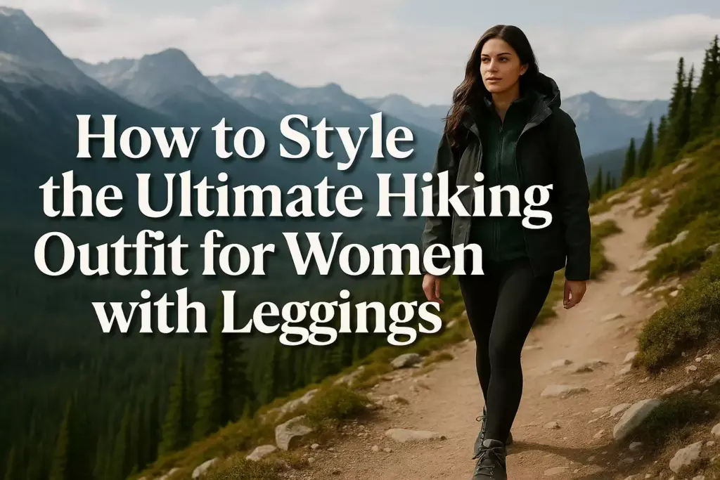 Woman hiking on a mountain trail in leggings and jacket, with styling tips text overlay.