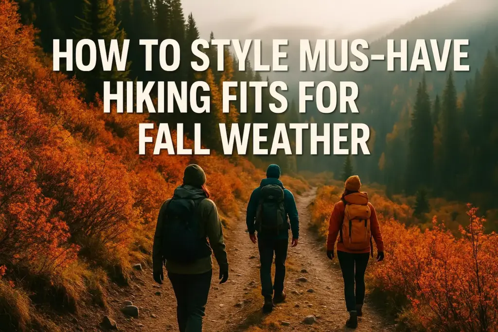 Three people in hiking gear walk a trail surrounded by autumn foliage; text about fall hiking outfit styling.