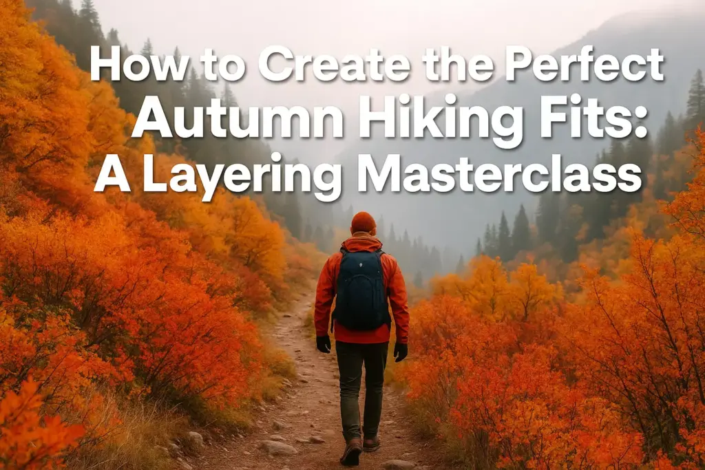 Person hiking on a trail through vibrant autumn foliage, with misty mountains in the background.