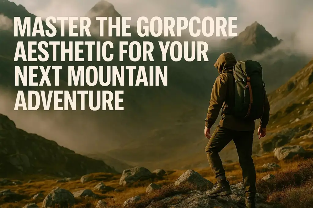 A hiker in outdoor gear stands on rocky terrain with mountains and mist in the background, text overlayed.