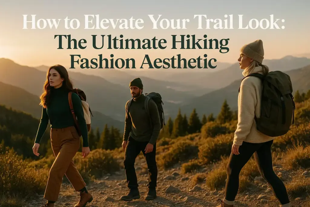 Three people in stylish hiking outfits walk along a mountain trail at sunset, with scenic hills in the background.