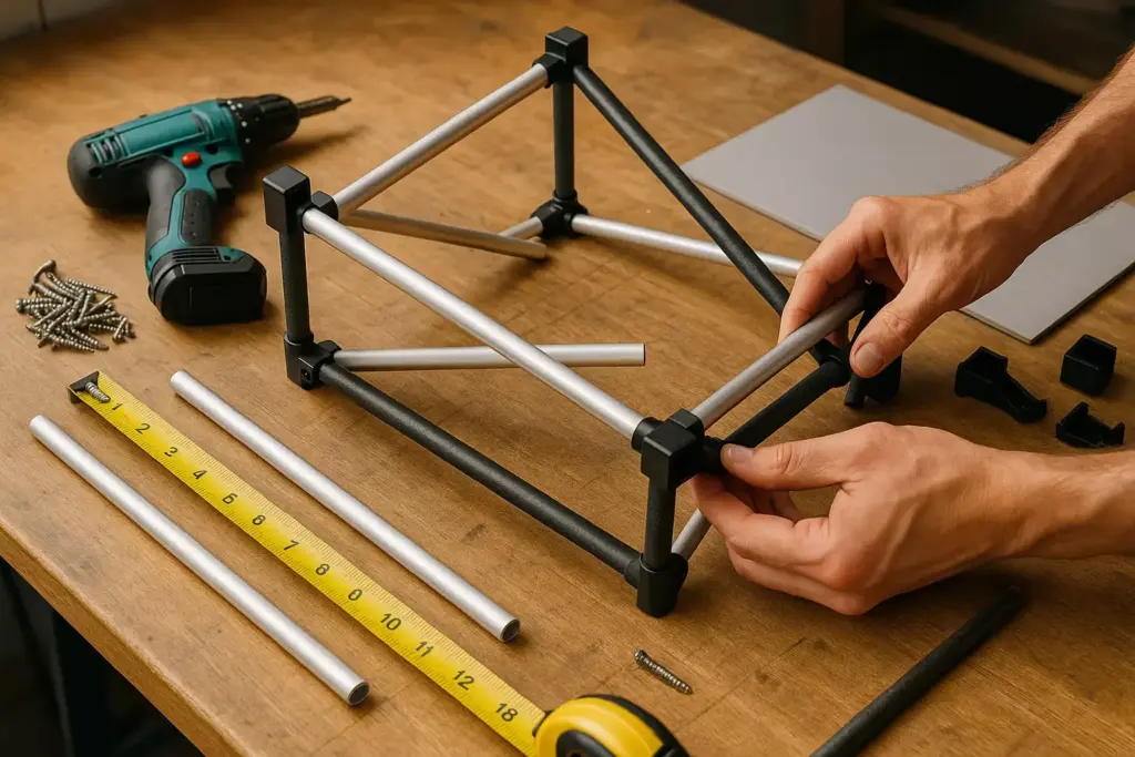 Hands assembling a metal and plastic frame on a workbench with tools, a drill, tape measure, and screws.