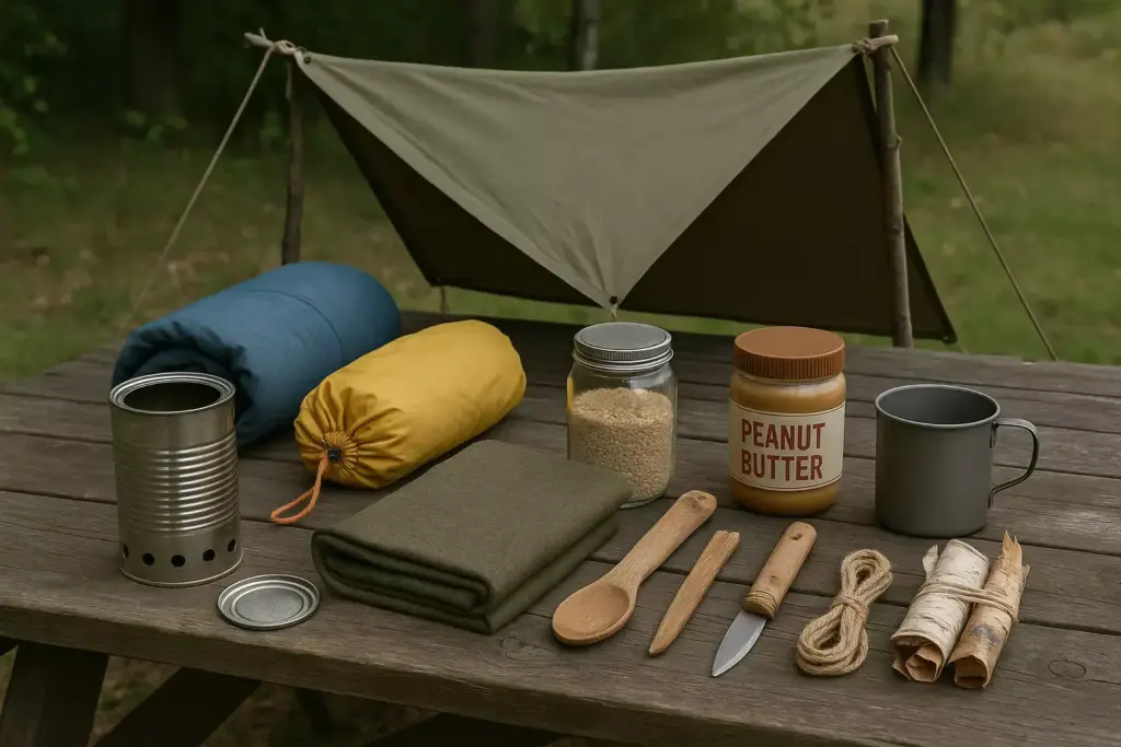 Camping gear on a wooden table, including food, utensils, a mug, blanket, and tarp shelter in the background.