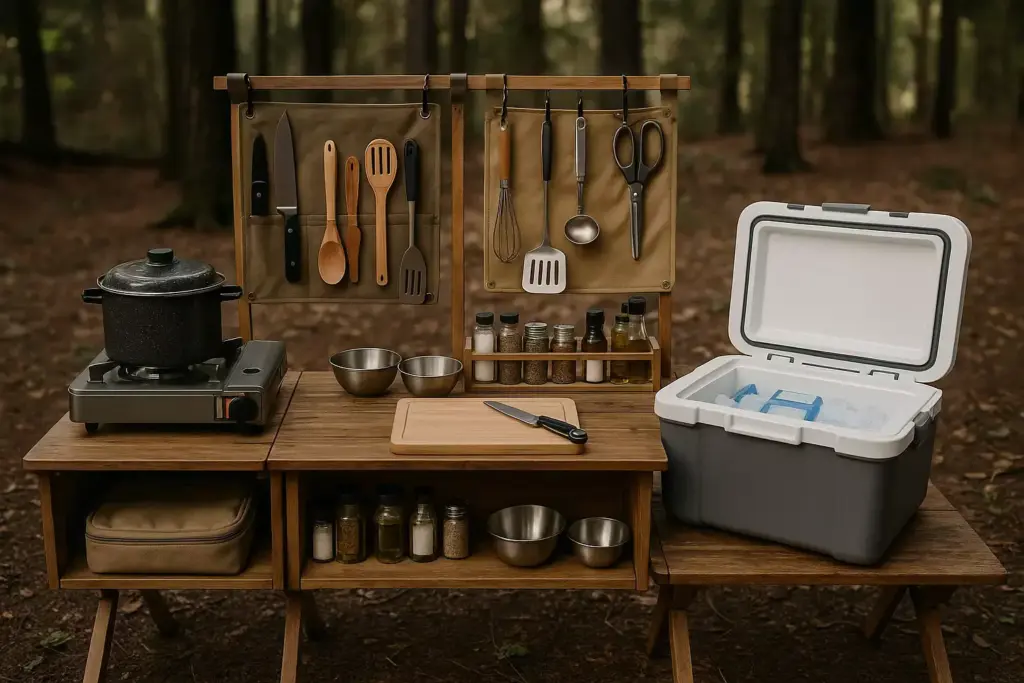 A camp kitchen setup with utensils, spices, a pot on a stove, and a cooler, set in a forest.