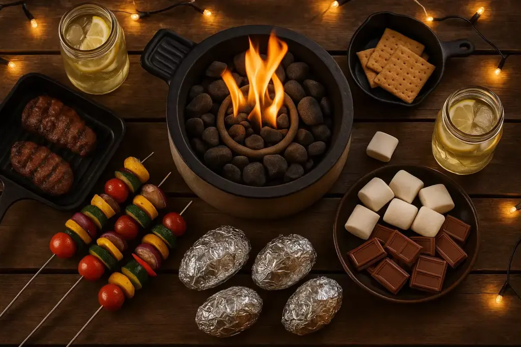 A tabletop fire pit with smores ingredients, grilled food, foil-wrapped potatoes, and drinks on a wooden table.