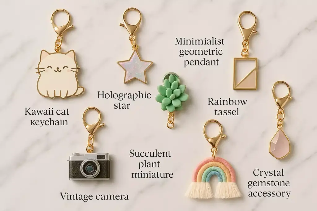 Seven decorative keychains on a marble surface, each with a unique charm, including a cat, star, plant, and camera.