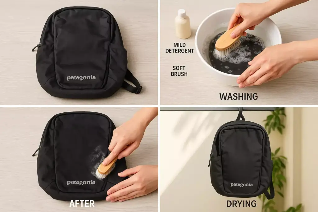 A step-by-step guide to washing and drying a black Patagonia pouch with a brush and mild detergent.