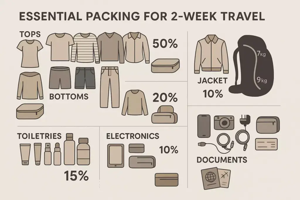 Infographic of essential packing for 2-week travel, showing clothing, toiletries, electronics, and documents.